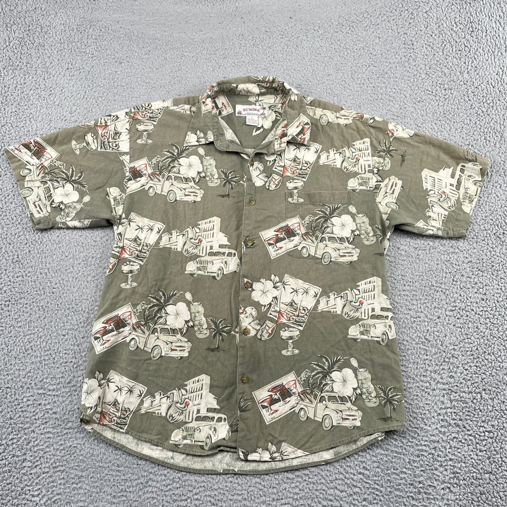 Summa Shirt Mens L Green Vintage Car Tiki Tropical Silk Cotton Aloha Button Up